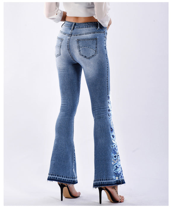 Women Denim Bell-Bottom Pants 3D Machine Embroidery Denim Women Autumn Denim Wide Leg Trousers Plus size