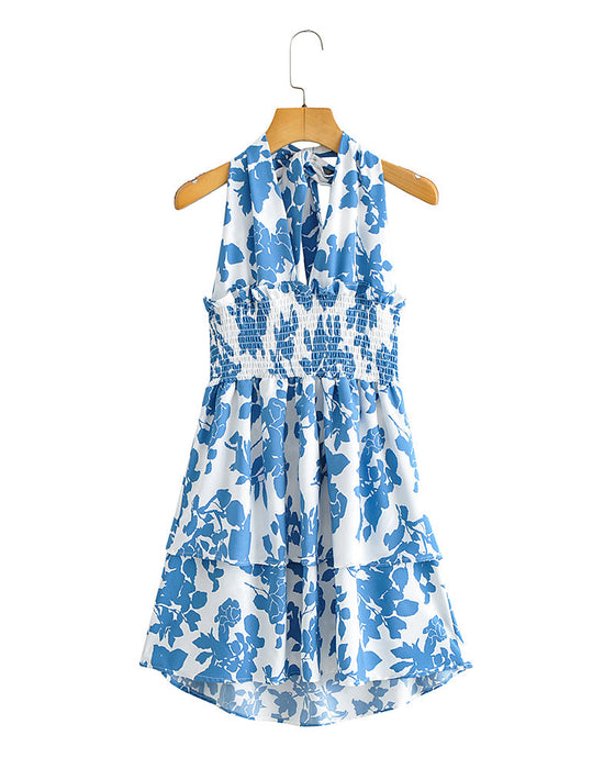 Early Spring New Printed Dress Halter Lace-up Elastic Waist