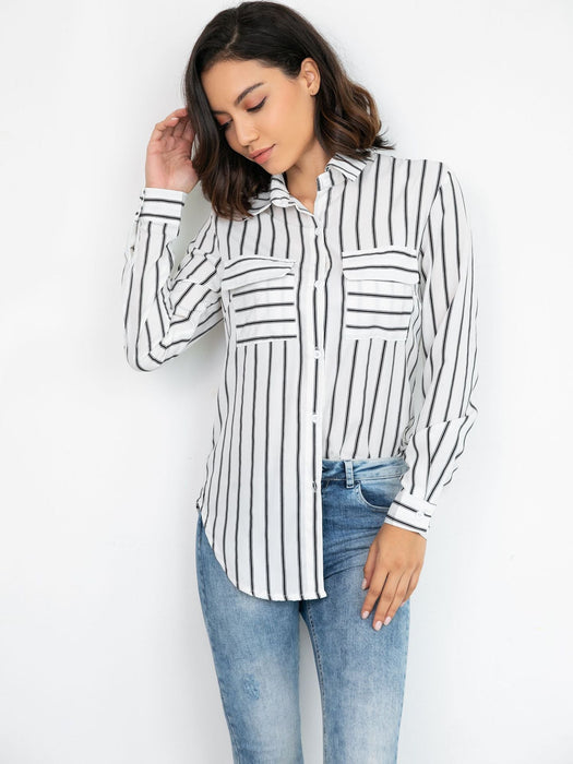 Women Clothing Sexy Vertical Striped Shirt V neck Long Sleeve Slim Fit Top Women