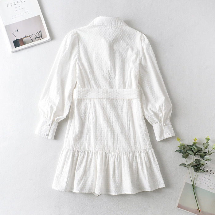 Spring Summer Cotton Cut Floral Shirt Dress Collared Waist Tight Front Row Buttons Short