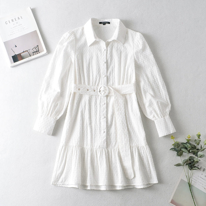 Spring Summer Cotton Cut Floral Shirt Dress Collared Waist Tight Front Row Buttons Short