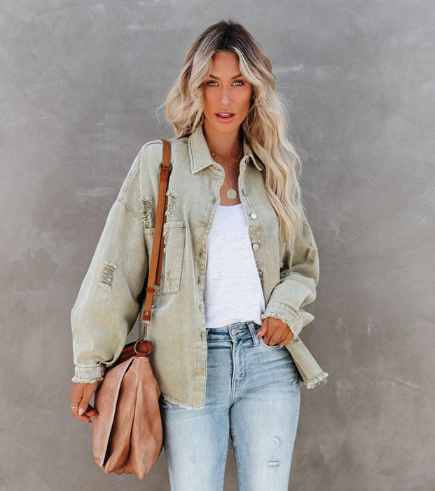 Old Mid Length Ripped Loose Denim Jacket Women Jacket Coat Arrival Multicolor