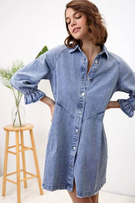 Fried Sand Vintage Wash Denim Loose Lantern Sleeve Shirt Dress Popular