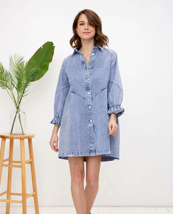 Fried Sand Vintage Wash Denim Loose Lantern Sleeve Shirt Dress Popular