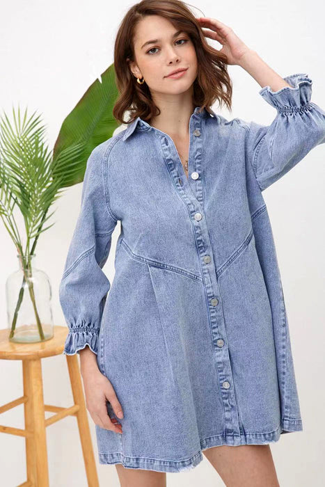 Fried Sand Vintage Wash Denim Loose Lantern Sleeve Shirt Dress Popular