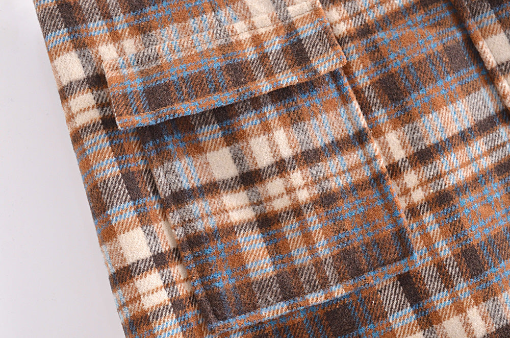 Fall Double Pocket Decorative Woolen Plaid Skirt