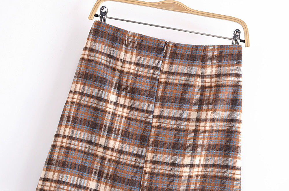 Fall Double Pocket Decorative Woolen Plaid Skirt