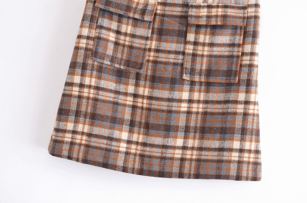 Fall Double Pocket Decorative Woolen Plaid Skirt