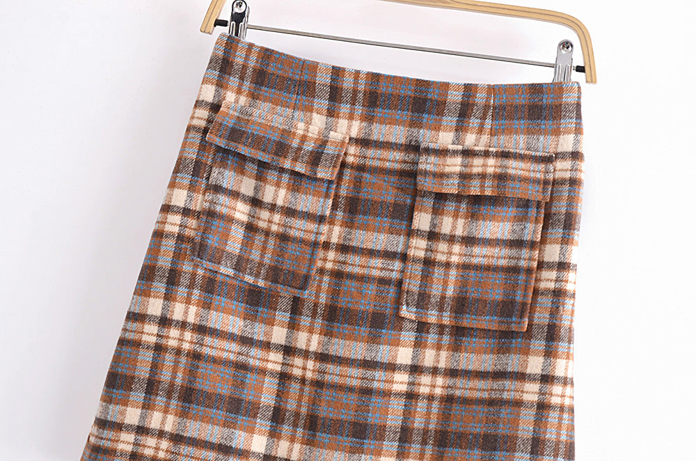 Fall Double Pocket Decorative Woolen Plaid Skirt