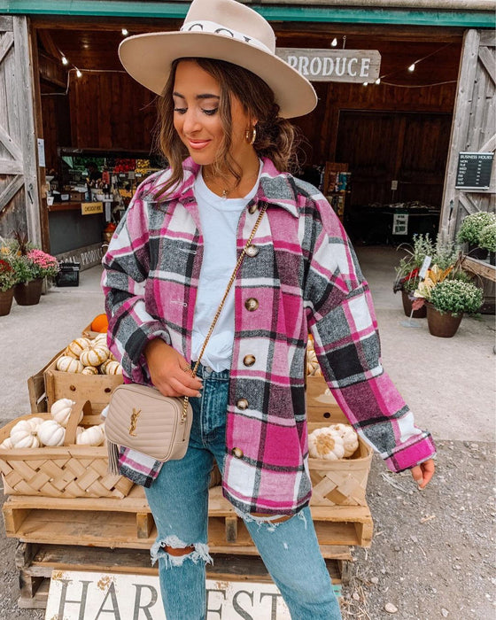 Autumn Winter Fashionable Large Plaid Shacket Women Woolen Coat