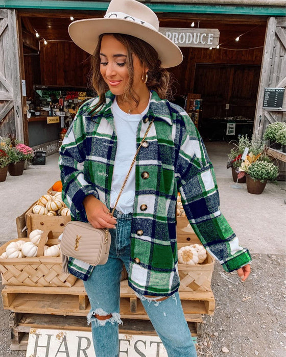 Autumn Winter Fashionable Large Plaid Shacket Women Woolen Coat