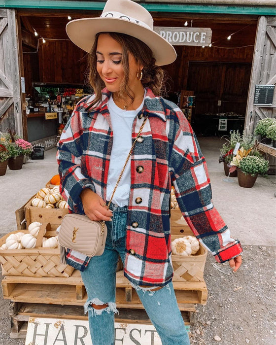 Autumn Winter Fashionable Large Plaid Shacket Women Woolen Coat