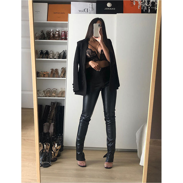 Women Clothing Faux Leather Skinny Leather Pants Women Clothing Elastic Waistband Slimming Faux Leather Casual Bottoming Pants