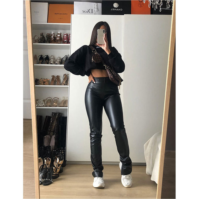 Women Clothing Faux Leather Skinny Leather Pants Women Clothing Elastic Waistband Slimming Faux Leather Casual Bottoming Pants