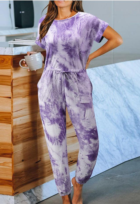 Tie-Dyed One-Piece Pajamas Women Summer Loose Short Sleeve round Neck Ladies Homewear