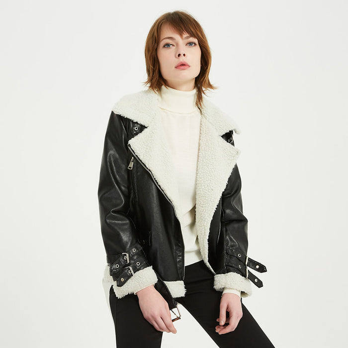 Winter Clothes Women Leather Jacket Lamb Wool BF Korean Thick Motorcycle Jacket Leather Coat