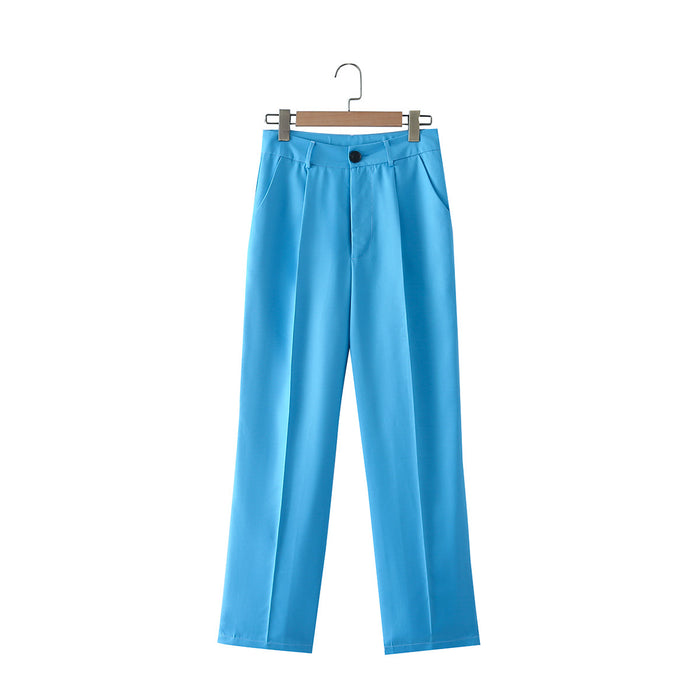 Summer Fashion Elegant High Waist Slimming Blue Texture Work Pant Women