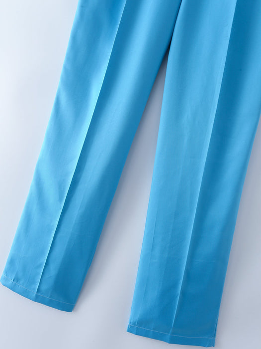 Summer Fashion Elegant High Waist Slimming Blue Texture Work Pant Women