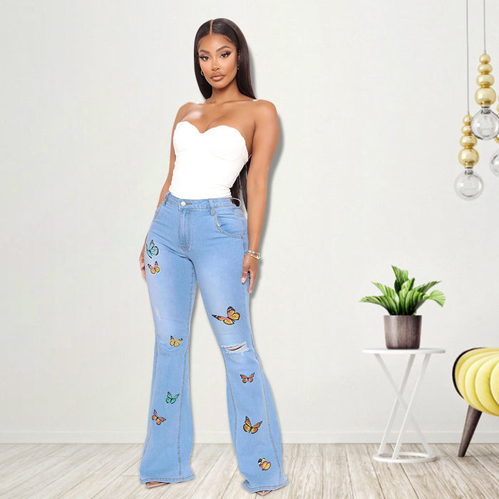 Women Clothing Autumn Embroidered Washed Sexy Jeans