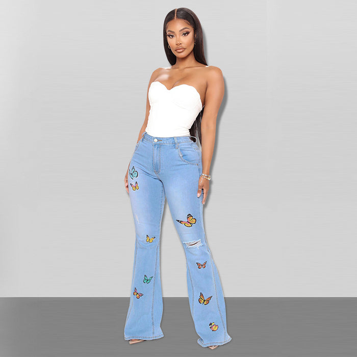 Women Clothing Autumn Embroidered Washed Sexy Jeans