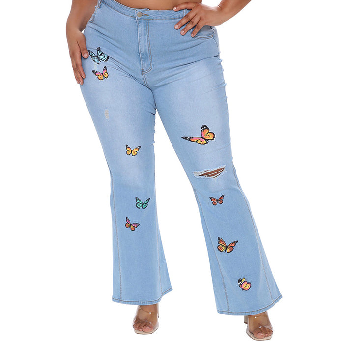 Women Clothing Autumn Embroidered Washed Sexy Jeans