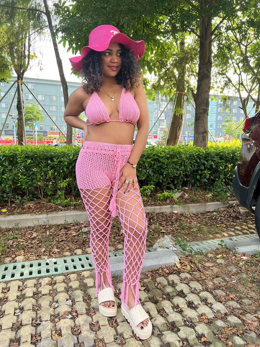 Women Clothing Hollow Out Cutout out See-through Two-Piece Beach Fishnet Hand Crochet Sexy Fashion Suit