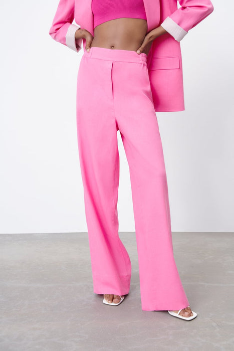 Spring Women Rose Pink Straight Long Pants