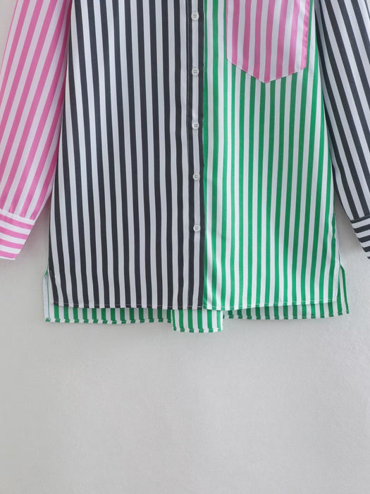 Spring Multi-Color Striped Printed Shirt Women Clothing