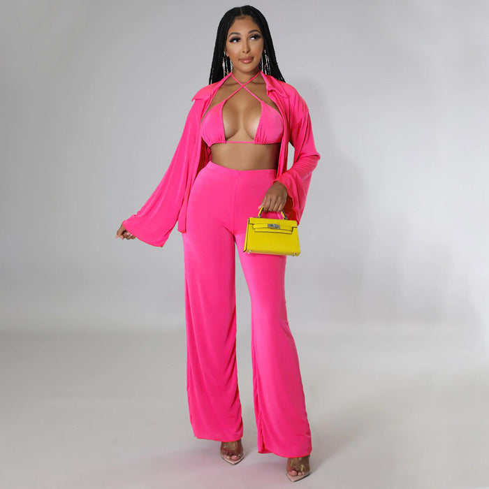 Women Clothing Long-Sleeved Bikini Wide-Leg Pants Solid Color Casual Set