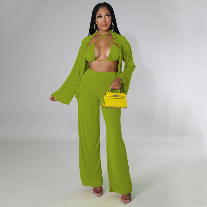 Women Clothing Long-Sleeved Bikini Wide-Leg Pants Solid Color Casual Set