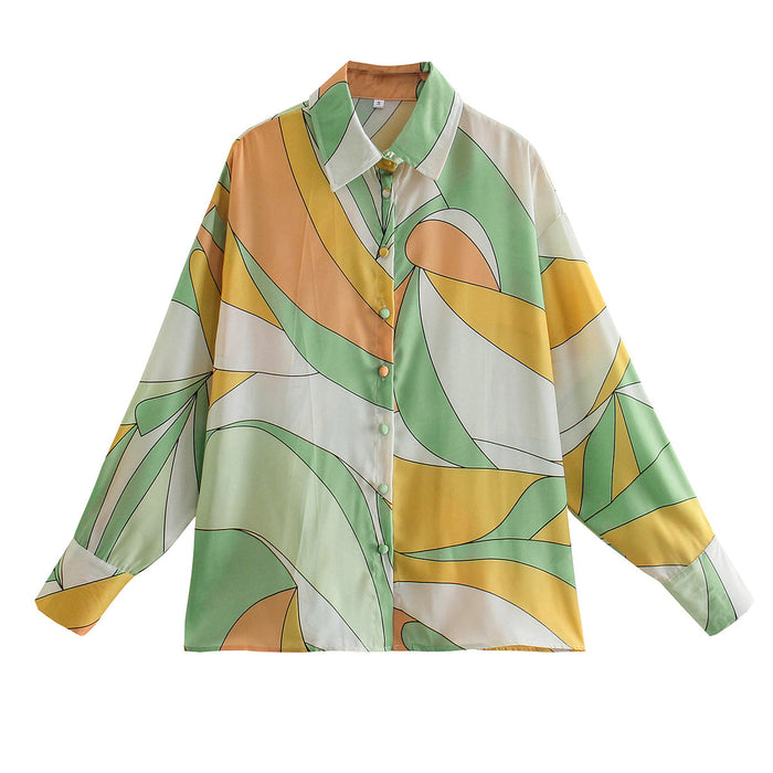 Spring Summer Shirt Women Cardigan Multi-Color Mosaic Loose Version Top Women