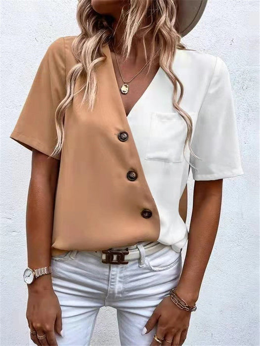 Wish Summer Women Clothing V-neck Chiffon Contrast Color Short Sleeve Shirt Top