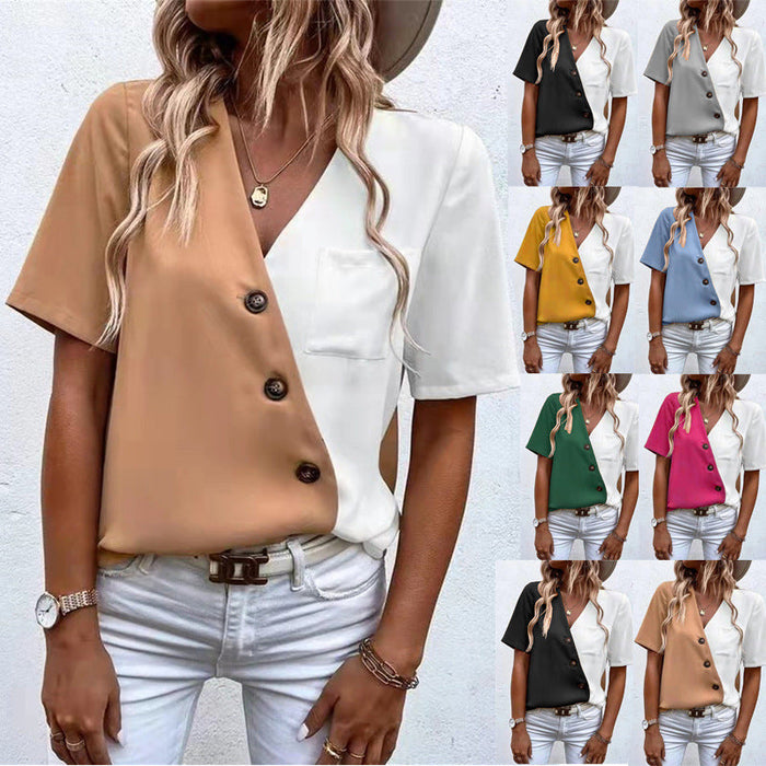 Wish Summer Women Clothing V-neck Chiffon Contrast Color Short Sleeve Shirt Top