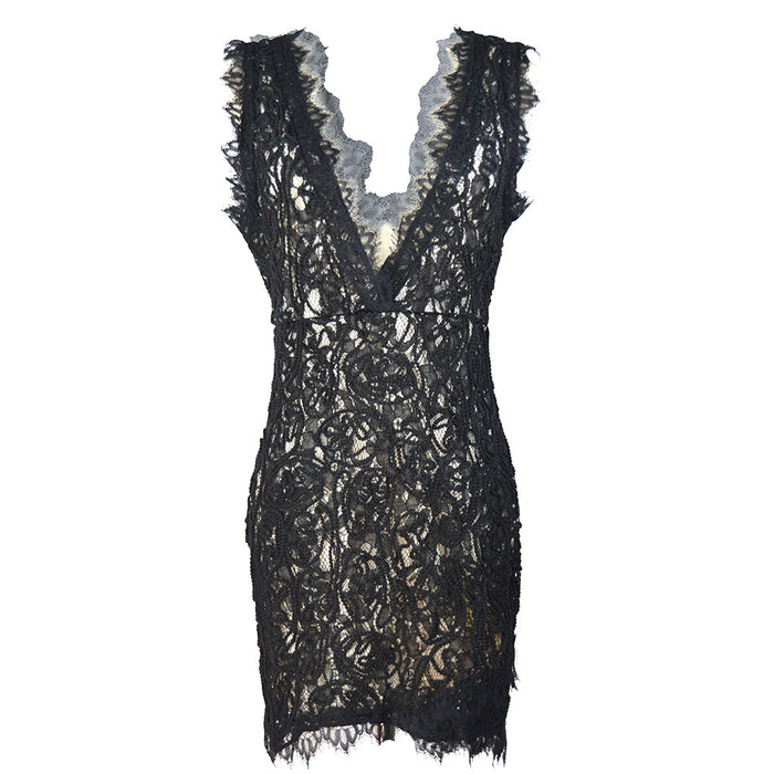 Crochet Lace Sleeveless V-neck Hip Sexy Dress Women