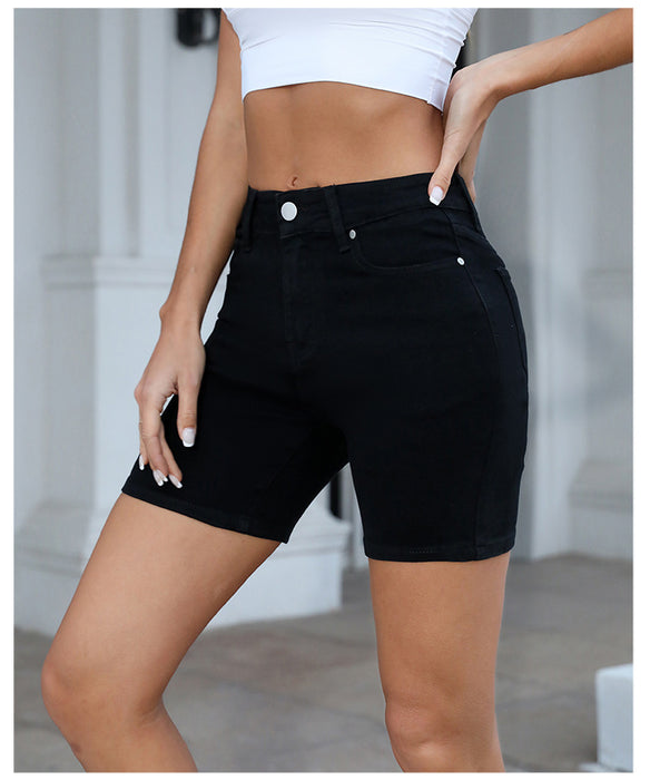 High Waist Pure Black Pencil Denim Shorts Women Elastic Slim Fit Slimming Casual Women Denim Shorts