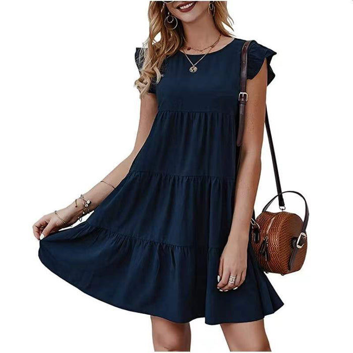 Summer Solid Color round Neck Short Sleeves Dress Casual Tiered Dress Pleated Large Swing Dress