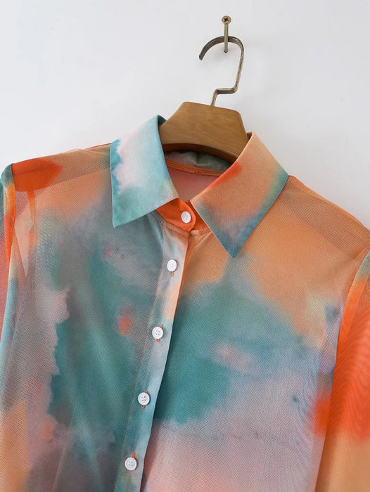 Spring Summer Tie-Dyed Long-Sleeved Shirt Loose Women Niche Elegant Graceful Collared