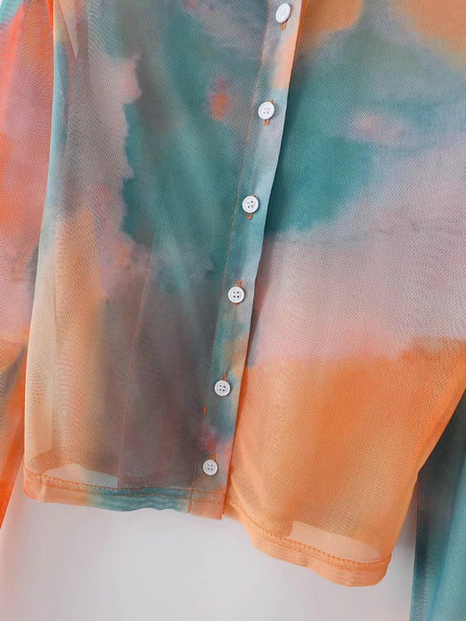 Spring Summer Tie-Dyed Long-Sleeved Shirt Loose Women Niche Elegant Graceful Collared