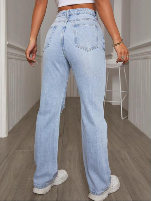 Spring Summer Holes Waist Slimming Denim Micro Pull Straight All Match Denim Trousers Women