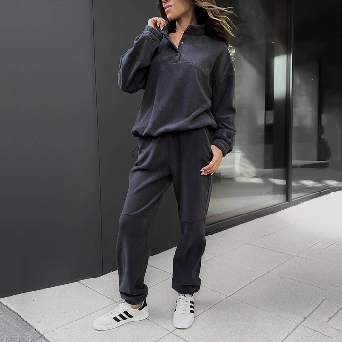 Autumn Winter Women Clothing Casual Sweatshirt Outfit Women Solid Color Polar Fleece Top Trousers Two Piece Set