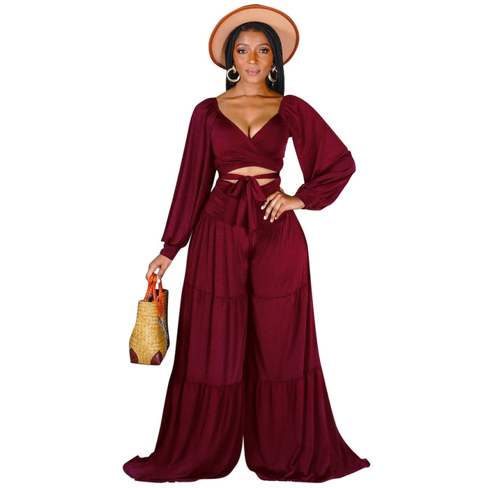 Women Clothing Women Clothing Autumn Winter Sexy Long Sleeve Lace-up Wide-Leg Pants Two-Piece Set Plus size