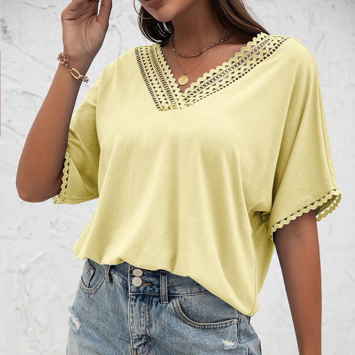 Women Clothing Summer Sexy Hollow Out Cutout out Stitching V-neck Loose Sweater Short Sleeve T-shirt for Women