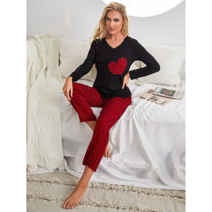 Pajamas Women Autumn Winter Christmas Plaid Love Long Sleeve Homewear Set