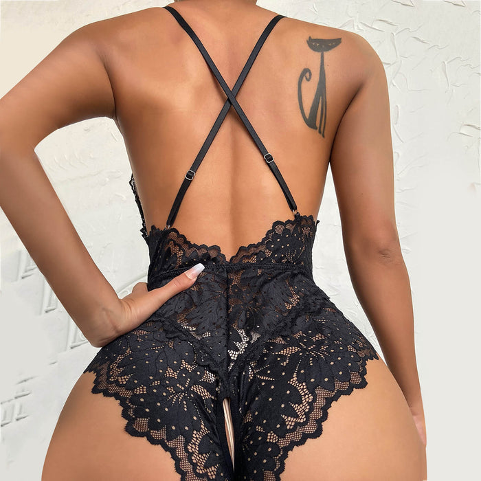 Sexy Hollow Out Cutout Lace Deep V Plunge Open Crotch One Piece Sexy Lingerie Set