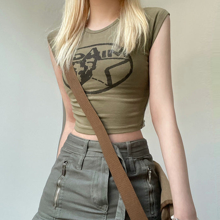 Street Sexy Printing Contrast Color Basic Slim Fit Waistcoat Cropped Cropped T Shirt