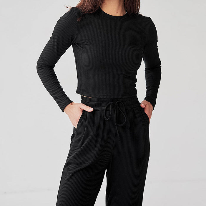 Comfortable Slim Knit Sunken Stripe Long-Sleeved Trousers Autumn Pajamas Ladie   Homewear Can Be Worn outside