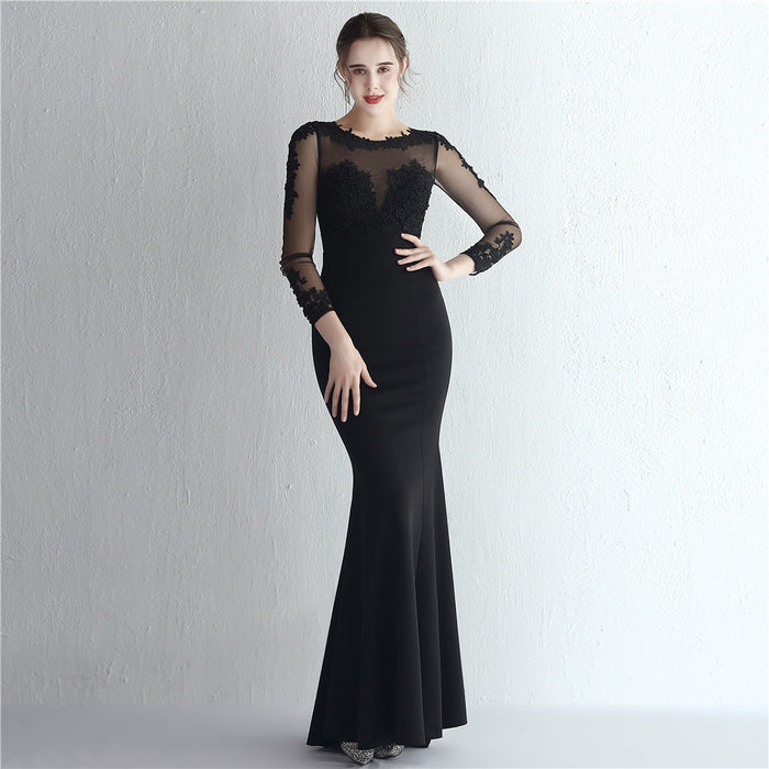 Satin Rhinestone Lace Overweight-Shaped Hand Bride Long Long Sleeve Appreciation Dinner Fishtail Evening Dress