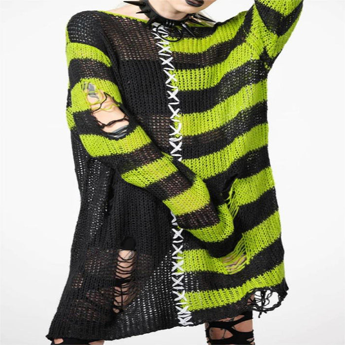 Halloween Punk Ripped Long Sweater Women's Loose Striped Contrast Color Pullover Sweater