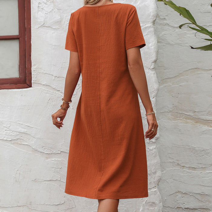 Summer Cotton Linen Solid Color Loose Round Neck Short Sleeve Dress