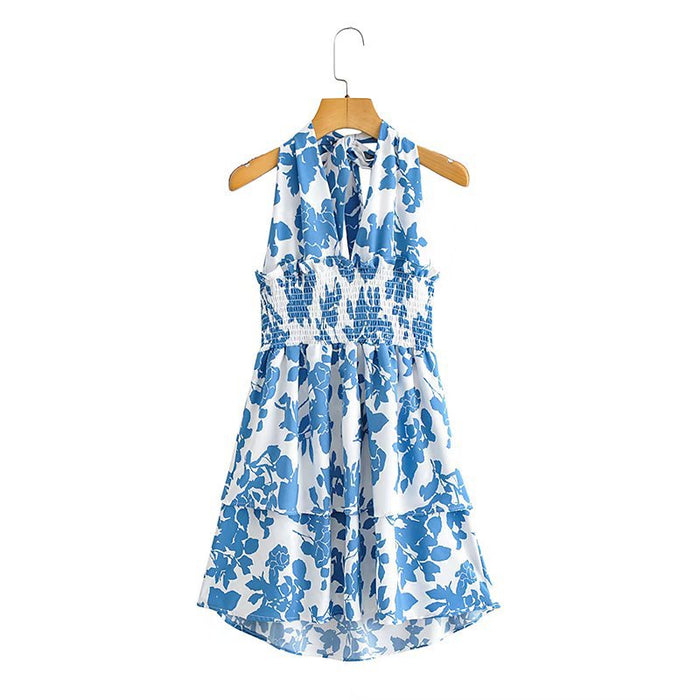 Early Spring New Printed Dress Halter Lace-up Elastic Waist